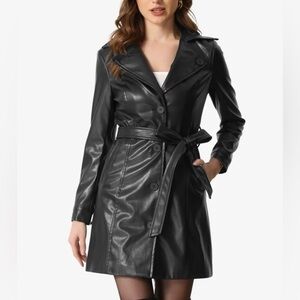 Allegra K Faux Leather Notched Lapel Collar Button Down Steampunk Belted Jacket